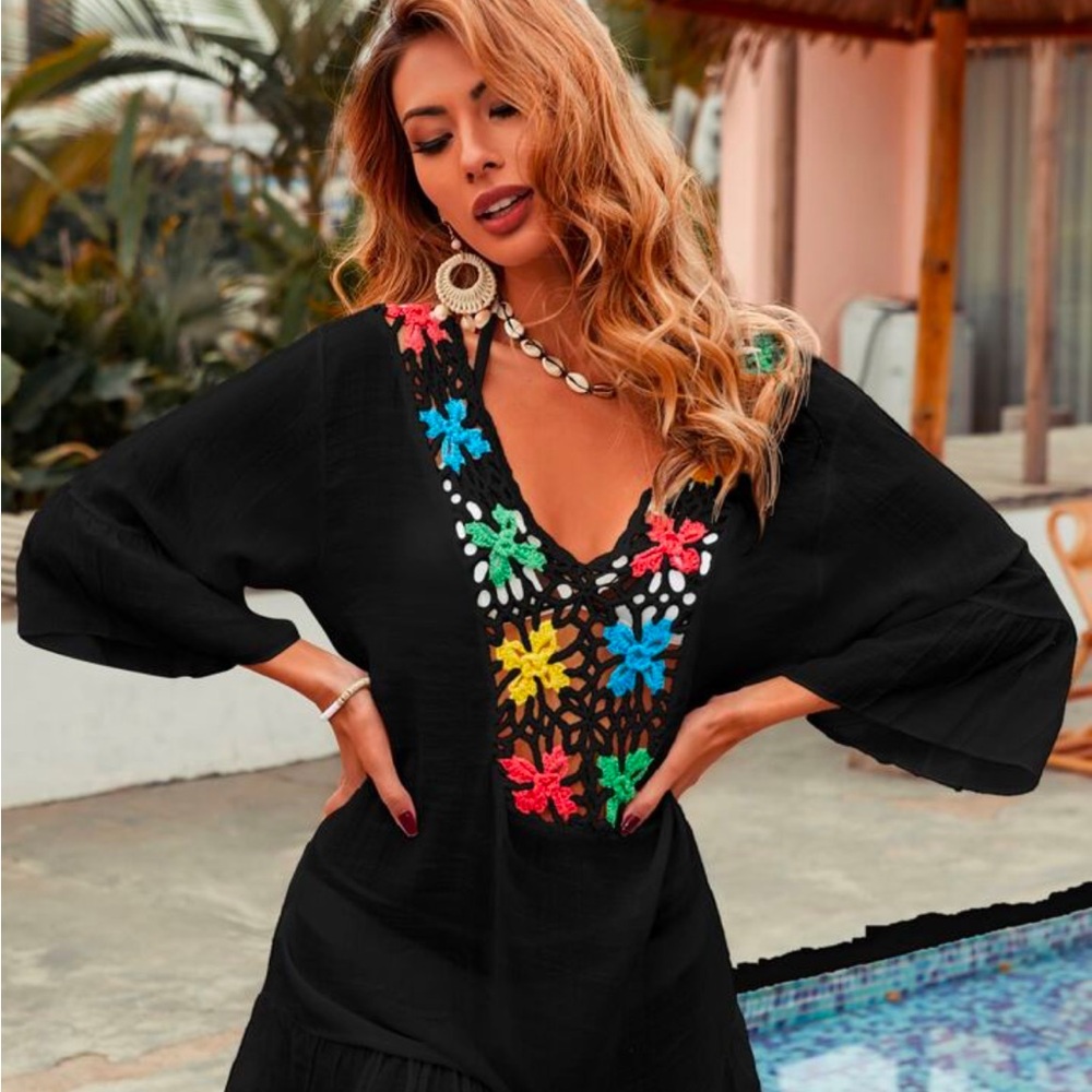 Floral Embroidered Black Women's Swim Cover up